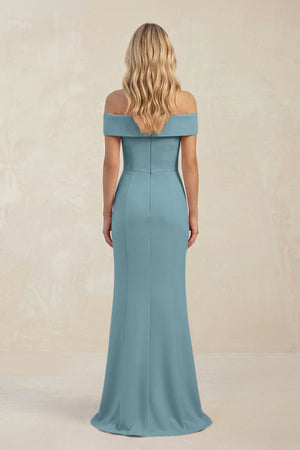 Sheath Off - the - Shoulder Satin Bridesmaid Dress With Slit in Dusty Blue - KISS BRIDAL Bridesmaid Dresses
