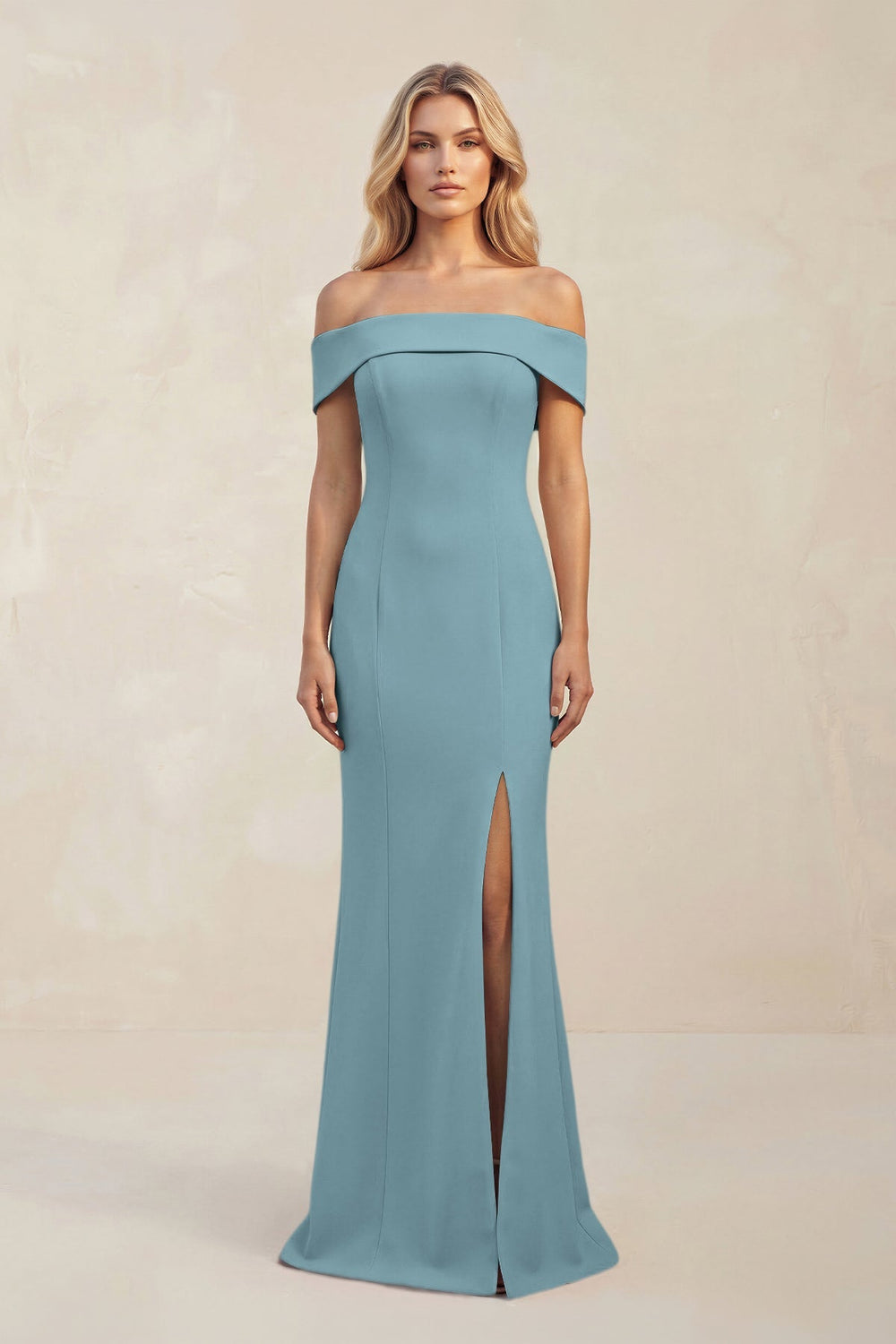 Sheath Off - the - Shoulder Satin Bridesmaid Dress With Slit in Dusty Blue - KISS BRIDAL Bridesmaid Dresses