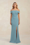 Sheath Off - the - Shoulder Satin Bridesmaid Dress With Slit in Dusty Blue - KISS BRIDAL Bridesmaid Dresses