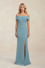 Sheath Off - the - Shoulder Satin Bridesmaid Dress With Slit in Dusty Blue - KISS BRIDAL Bridesmaid Dresses