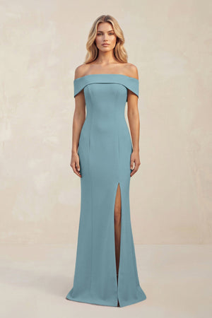 Sheath Off - the - Shoulder Satin Bridesmaid Dress With Slit in Dusty Blue - KISS BRIDAL Bridesmaid Dresses