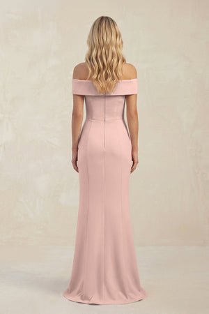 Sheath Off - the - Shoulder Satin Bridesmaid Dress With Slit in Dusty Rose - KISS BRIDAL Bridesmaid Dresses