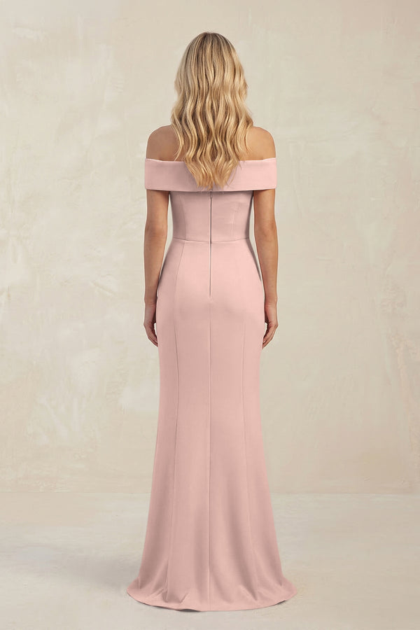 Sheath Off - the - Shoulder Satin Bridesmaid Dress With Slit in Dusty Rose - KISS BRIDAL Bridesmaid Dresses
