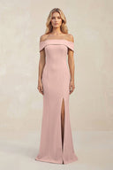 Sheath Off - the - Shoulder Satin Bridesmaid Dress With Slit in Dusty Rose - KISS BRIDAL Bridesmaid Dresses