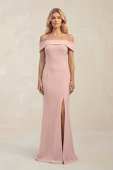 Sheath Off - the - Shoulder Satin Bridesmaid Dress With Slit in Dusty Rose - KISS BRIDAL Bridesmaid Dresses