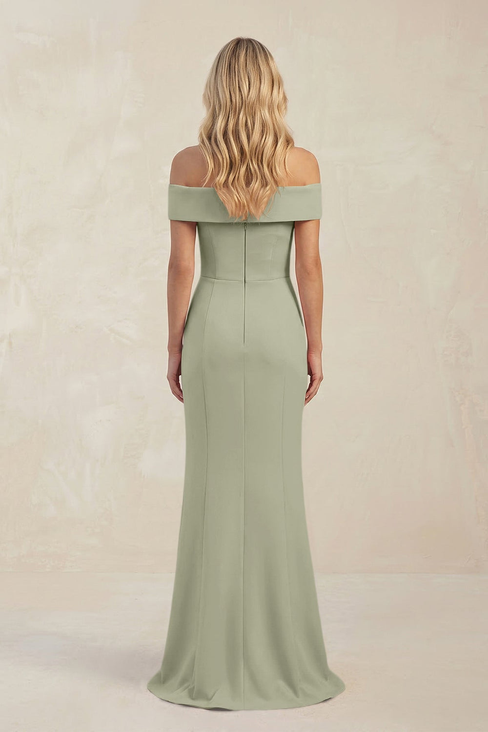 Sheath Off - the - Shoulder Satin Bridesmaid Dress With Slit in Dusty Sage - KISS BRIDAL Bridesmaid Dresses