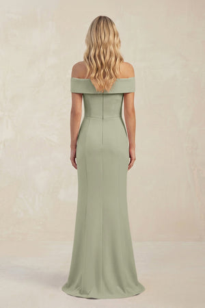 Sheath Off - the - Shoulder Satin Bridesmaid Dress With Slit in Dusty Sage - KISS BRIDAL Bridesmaid Dresses