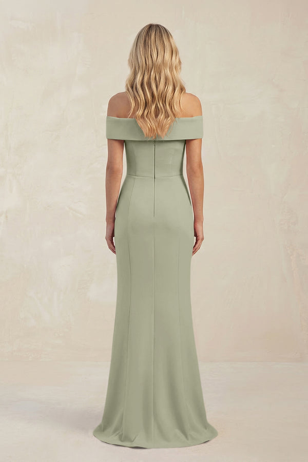 Sheath Off - the - Shoulder Satin Bridesmaid Dress With Slit in Dusty Sage - KISS BRIDAL Bridesmaid Dresses