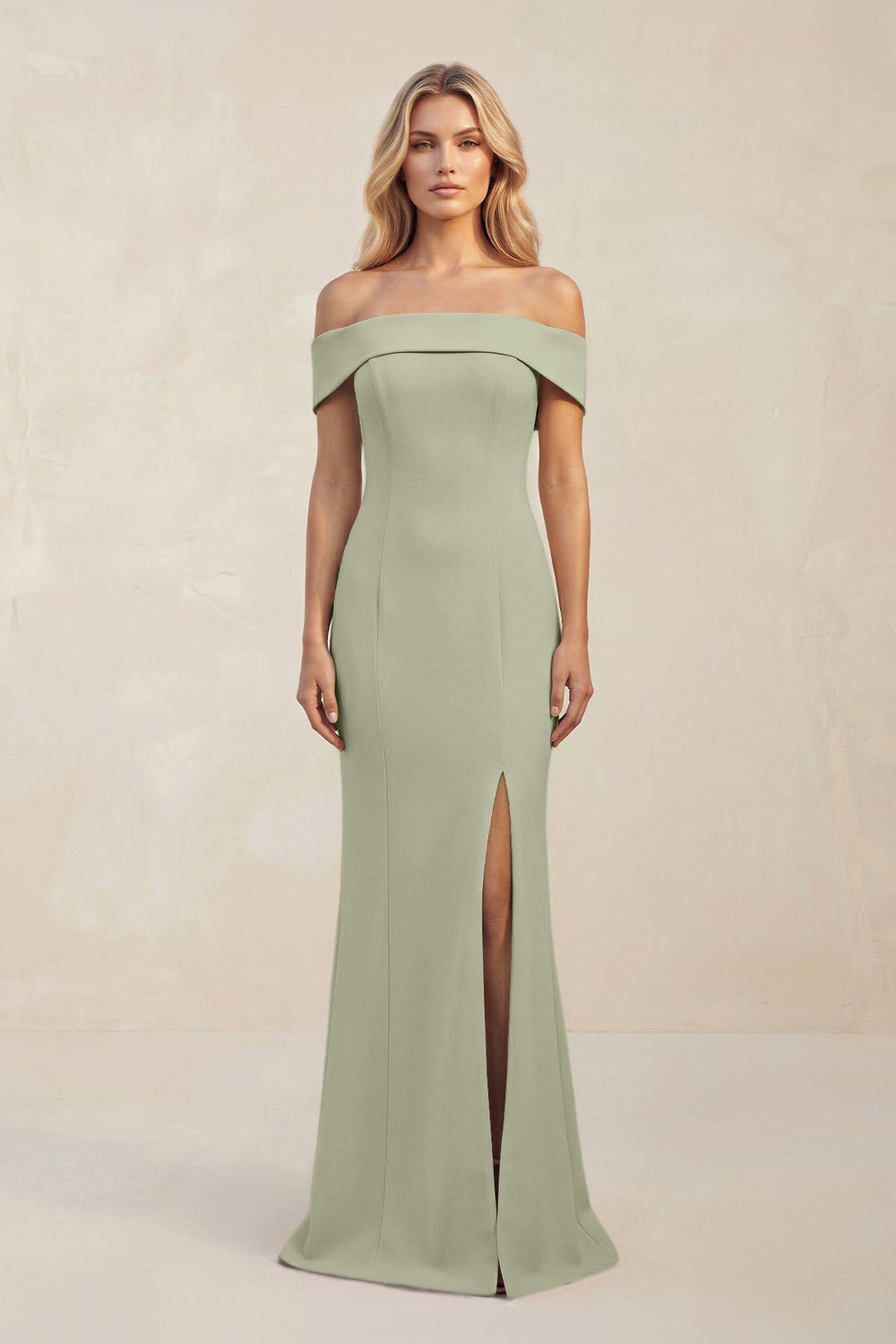 Sheath Off - the - Shoulder Satin Bridesmaid Dress With Slit in Dusty Sage - KISS BRIDAL Bridesmaid Dresses