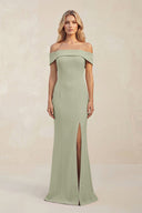 Sheath Off - the - Shoulder Satin Bridesmaid Dress With Slit in Dusty Sage - KISS BRIDAL Bridesmaid Dresses