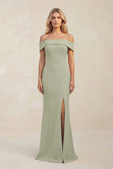 Sheath Off - the - Shoulder Satin Bridesmaid Dress With Slit in Dusty Sage - KISS BRIDAL Bridesmaid Dresses