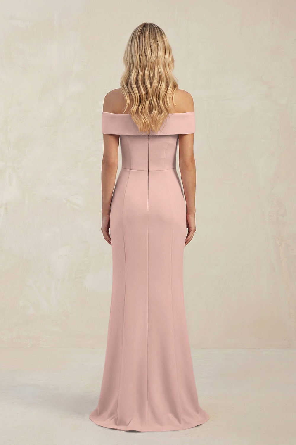 Sheath Off - the - Shoulder Satin Bridesmaid Dress With Slit in English Rose - KISS BRIDAL Bridesmaid Dresses