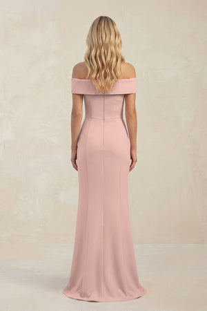 Sheath Off - the - Shoulder Satin Bridesmaid Dress With Slit in English Rose - KISS BRIDAL Bridesmaid Dresses