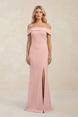 Sheath Off - the - Shoulder Satin Bridesmaid Dress With Slit in English Rose - KISS BRIDAL Bridesmaid Dresses