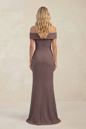 Sheath Off - the - Shoulder Satin Bridesmaid Dress With Slit in Espresso - KISS BRIDAL Bridesmaid Dresses