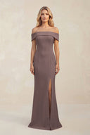 Sheath Off - the - Shoulder Satin Bridesmaid Dress With Slit in Espresso - KISS BRIDAL Bridesmaid Dresses