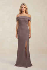 Sheath Off - the - Shoulder Satin Bridesmaid Dress With Slit in Espresso - KISS BRIDAL Bridesmaid Dresses