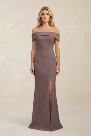 Sheath Off - the - Shoulder Satin Bridesmaid Dress With Slit in Espresso - KISS BRIDAL Bridesmaid Dresses