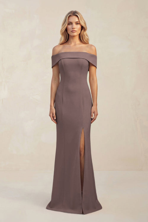 Sheath Off - the - Shoulder Satin Bridesmaid Dress With Slit in Espresso - KISS BRIDAL Bridesmaid Dresses
