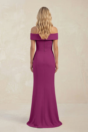 Sheath Off - the - Shoulder Satin Bridesmaid Dress With Slit in Fig - KISS BRIDAL Bridesmaid Dresses