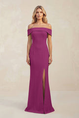 Sheath Off - the - Shoulder Satin Bridesmaid Dress With Slit in Fig - KISS BRIDAL Bridesmaid Dresses