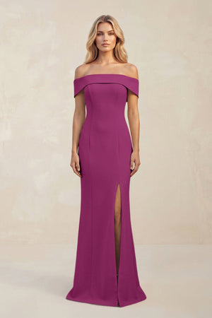 Sheath Off - the - Shoulder Satin Bridesmaid Dress With Slit in Fig - KISS BRIDAL Bridesmaid Dresses