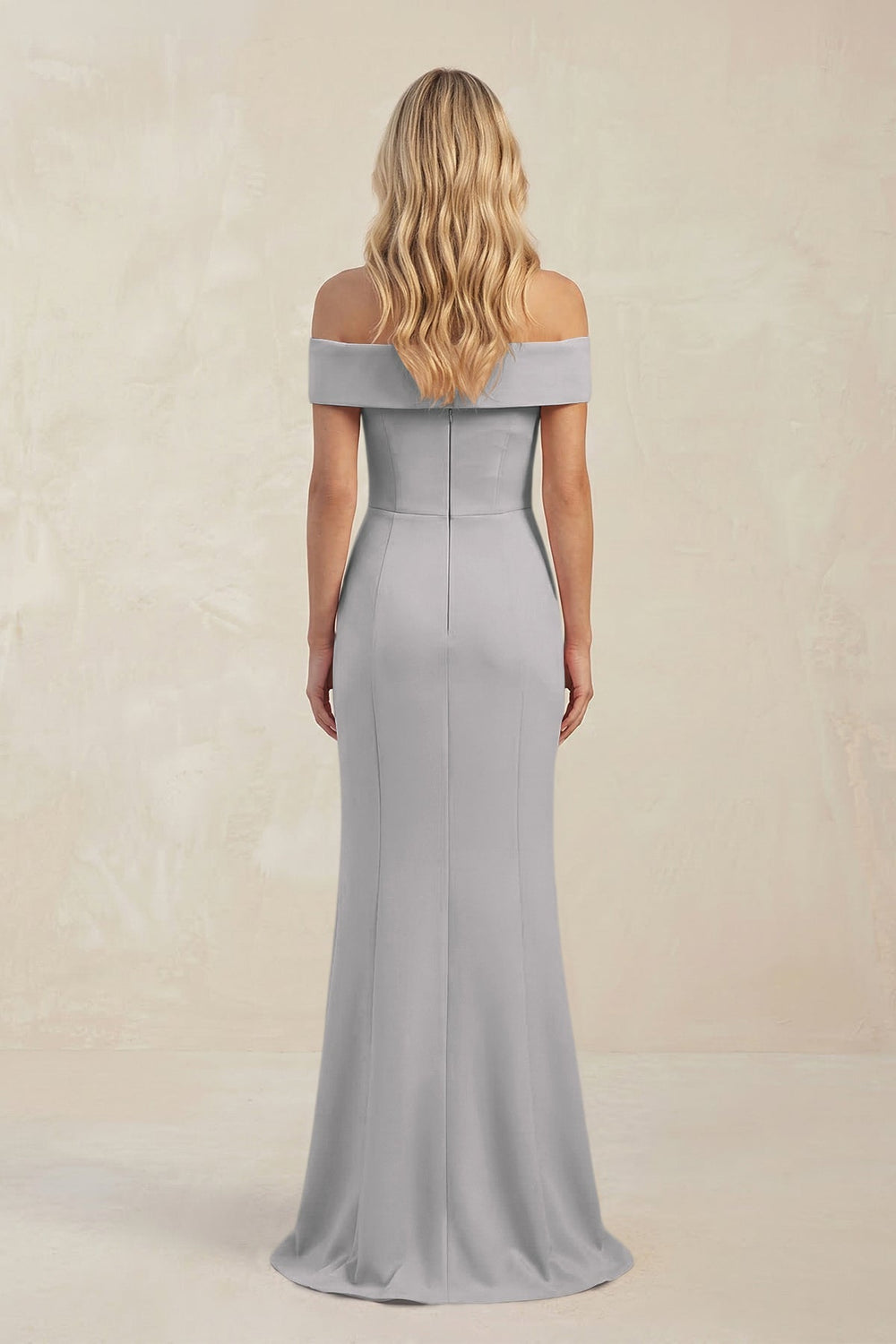 Sheath Off - the - Shoulder Satin Bridesmaid Dress With Slit in Frost - KISS BRIDAL Bridesmaid Dresses