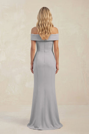 Sheath Off - the - Shoulder Satin Bridesmaid Dress With Slit in Frost - KISS BRIDAL Bridesmaid Dresses