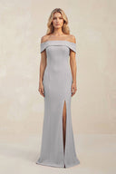 Sheath Off - the - Shoulder Satin Bridesmaid Dress With Slit in Frost - KISS BRIDAL Bridesmaid Dresses