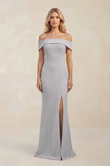 Sheath Off - the - Shoulder Satin Bridesmaid Dress With Slit in Frost - KISS BRIDAL Bridesmaid Dresses