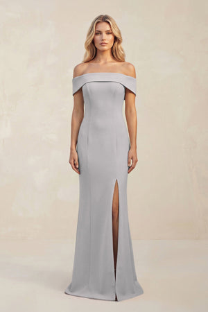 Sheath Off - the - Shoulder Satin Bridesmaid Dress With Slit in Frost - KISS BRIDAL Bridesmaid Dresses