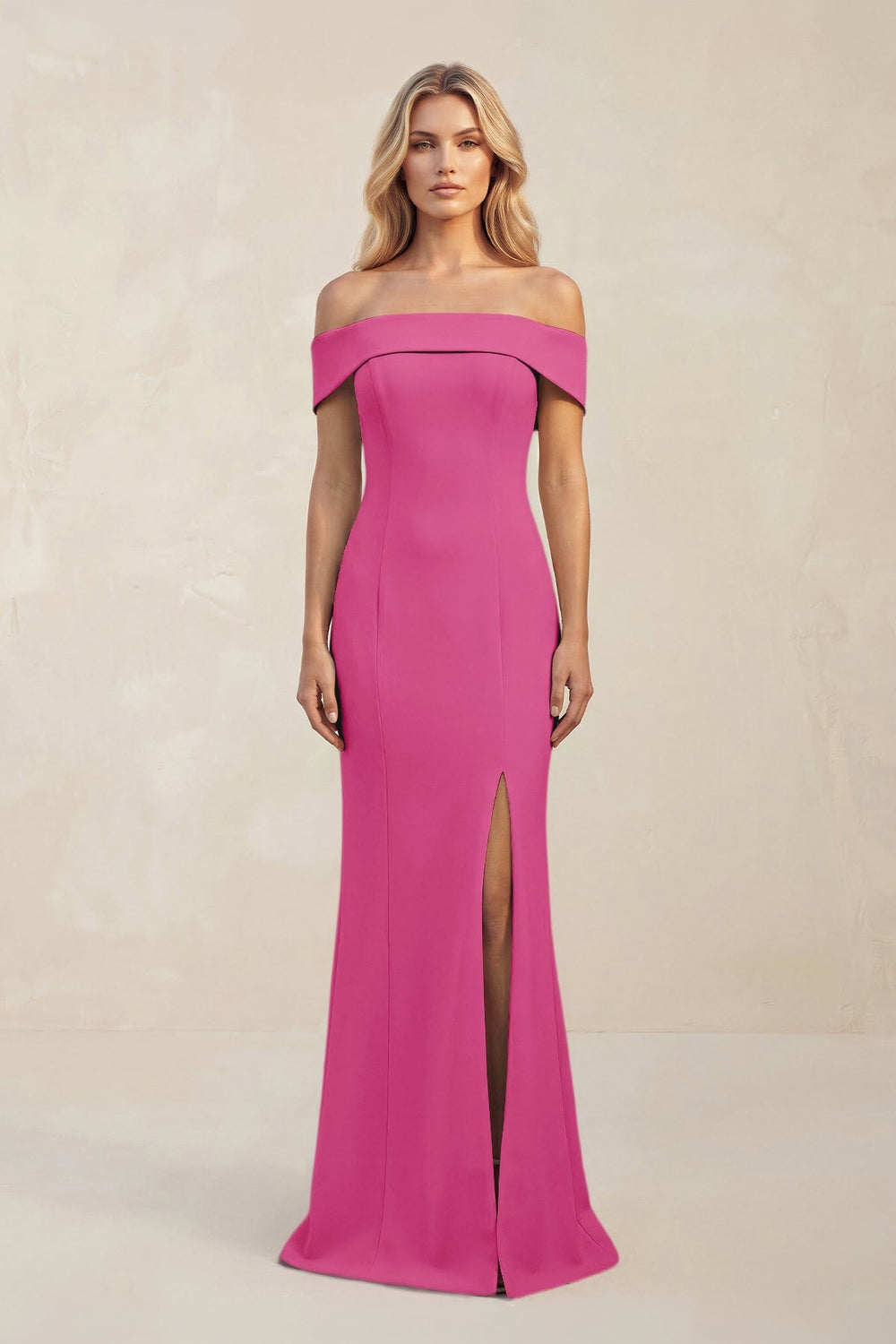 Sheath Off - the - Shoulder Satin Bridesmaid Dress With Slit in Fuchsia - KISS BRIDAL Bridesmaid Dresses