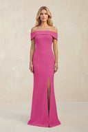 Sheath Off - the - Shoulder Satin Bridesmaid Dress With Slit in Fuchsia - KISS BRIDAL Bridesmaid Dresses