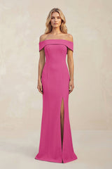Sheath Off - the - Shoulder Satin Bridesmaid Dress With Slit in Fuchsia - KISS BRIDAL Bridesmaid Dresses