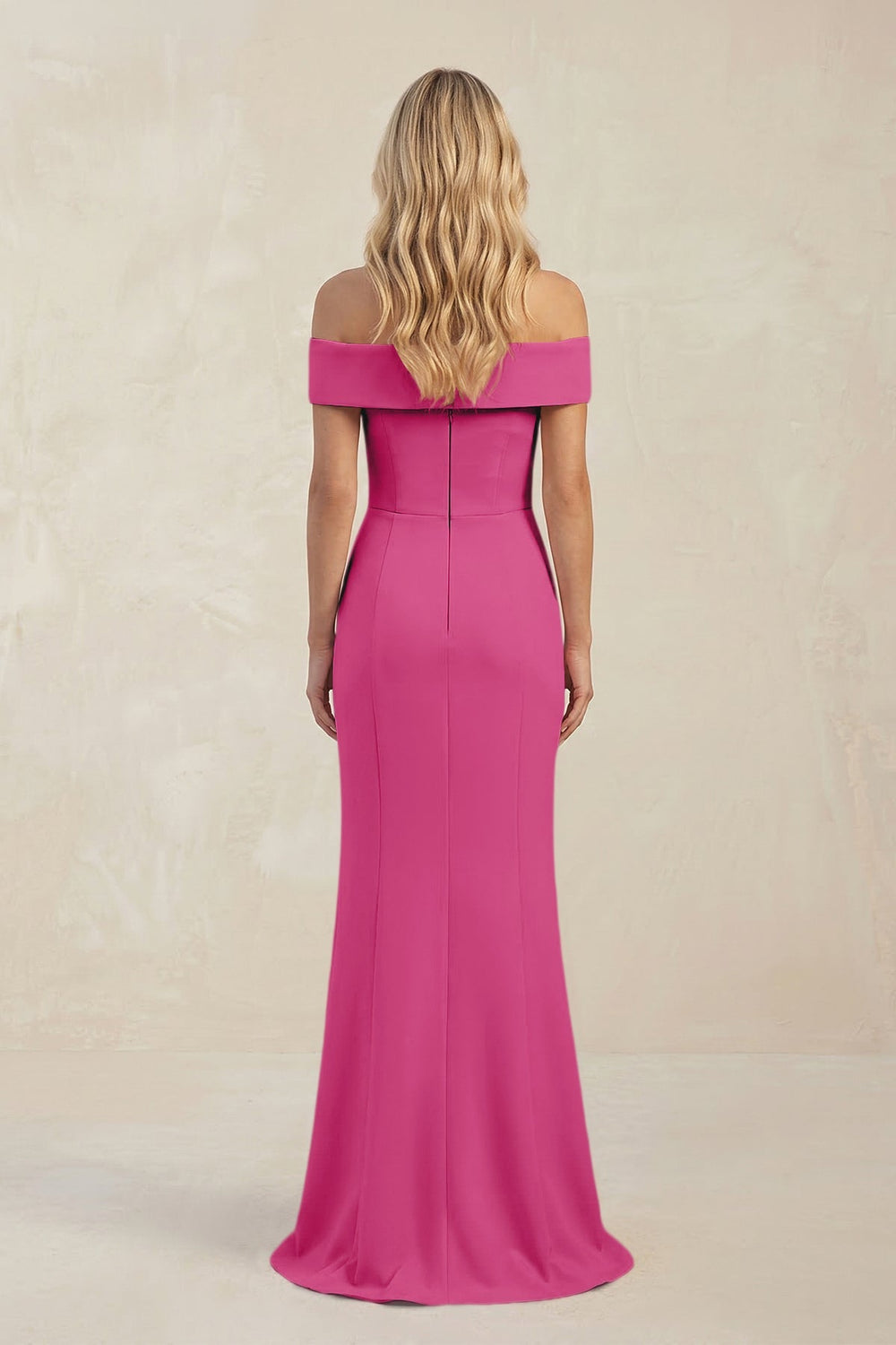 Sheath Off - the - Shoulder Satin Bridesmaid Dress With Slit in Fuchsia - KISS BRIDAL Bridesmaid Dresses
