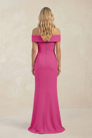 Sheath Off - the - Shoulder Satin Bridesmaid Dress With Slit in Fuchsia - KISS BRIDAL Bridesmaid Dresses
