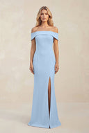 Sheath Off - the - Shoulder Satin Bridesmaid Dress With Slit in Ice - KISS BRIDAL Bridesmaid Dresses