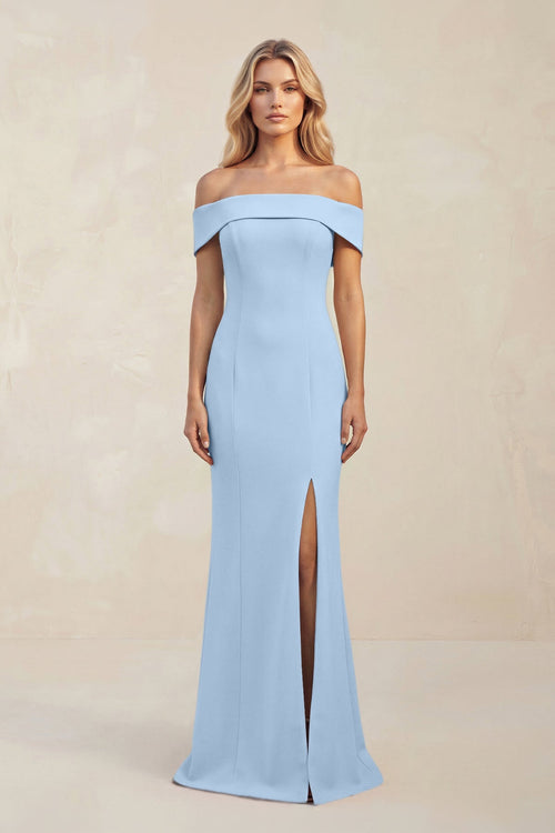 Sheath Off - the - Shoulder Satin Bridesmaid Dress With Slit in Ice - KISS BRIDAL Bridesmaid Dresses