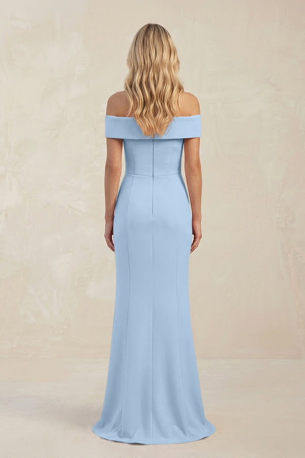 Sheath Off - the - Shoulder Satin Bridesmaid Dress With Slit in Ice - KISS BRIDAL Bridesmaid Dresses