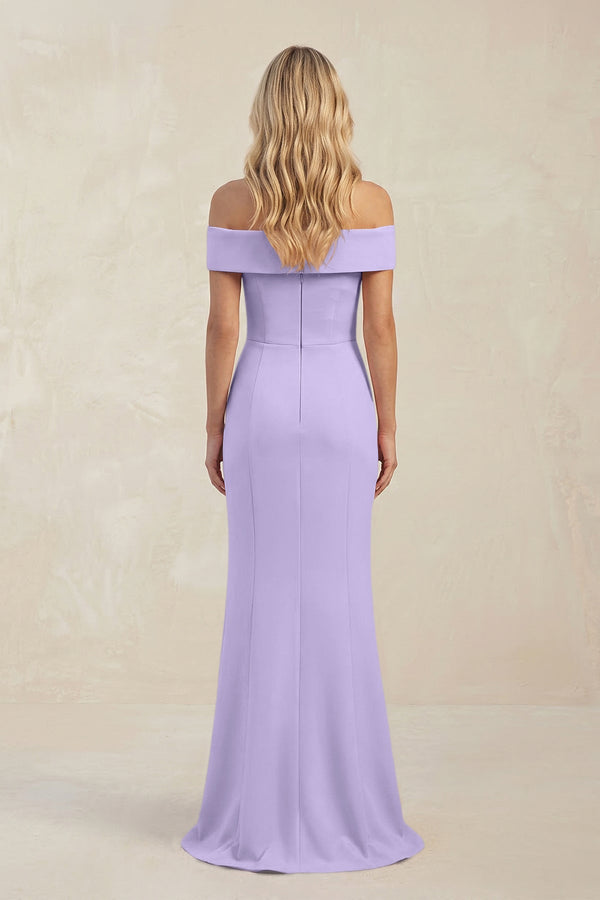 Sheath Off - the - Shoulder Satin Bridesmaid Dress With Slit in Lavender - KISS BRIDAL Bridesmaid Dresses