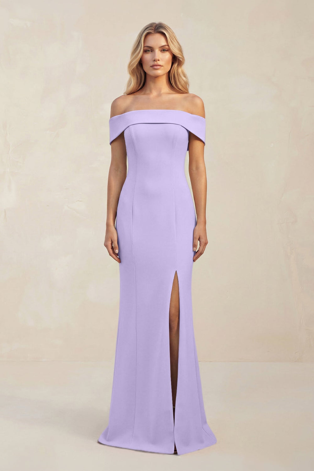 Sheath Off - the - Shoulder Satin Bridesmaid Dress With Slit in Lavender - KISS BRIDAL Bridesmaid Dresses