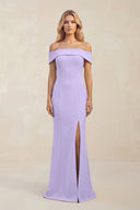 Sheath Off - the - Shoulder Satin Bridesmaid Dress With Slit in Lavender - KISS BRIDAL Bridesmaid Dresses