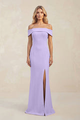 Sheath Off - the - Shoulder Satin Bridesmaid Dress With Slit in Lavender - KISS BRIDAL Bridesmaid Dresses