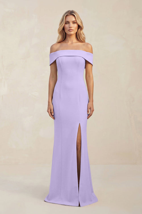 Sheath Off - the - Shoulder Satin Bridesmaid Dress With Slit in Lavender - KISS BRIDAL Bridesmaid Dresses