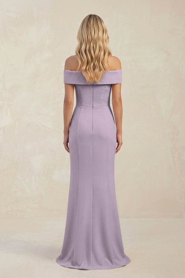 Sheath Off - the - Shoulder Satin Bridesmaid Dress With Slit in Lavender Grey - KISS BRIDAL Bridesmaid Dresses