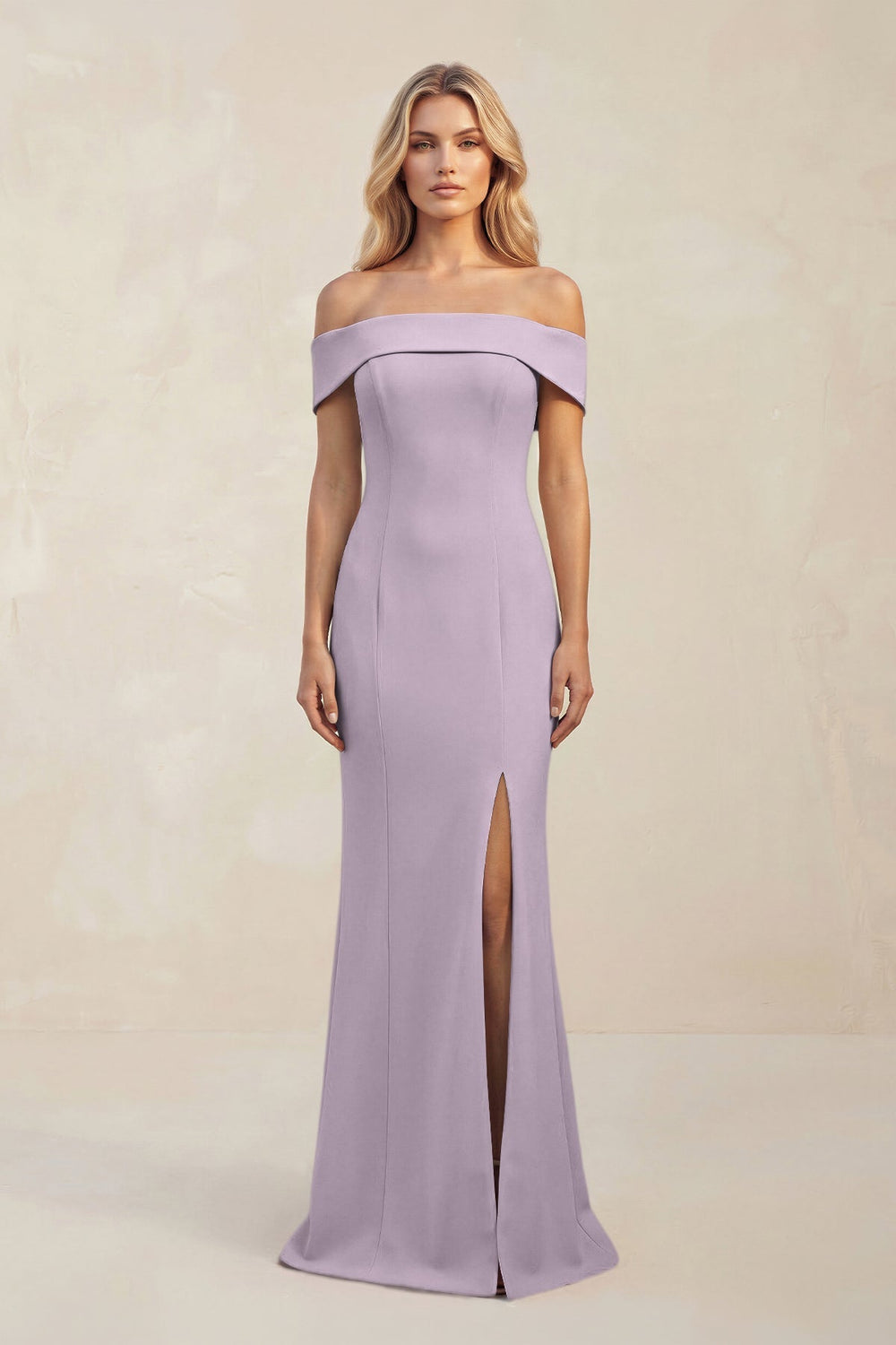 Sheath Off - the - Shoulder Satin Bridesmaid Dress With Slit in Lavender Grey - KISS BRIDAL Bridesmaid Dresses