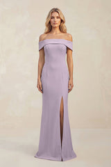 Sheath Off - the - Shoulder Satin Bridesmaid Dress With Slit in Lavender Grey - KISS BRIDAL Bridesmaid Dresses