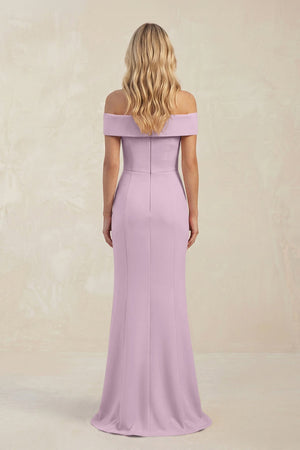 Sheath Off - the - Shoulder Satin Bridesmaid Dress With Slit in Lilac - KISS BRIDAL Bridesmaid Dresses