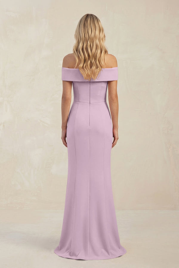 Sheath Off - the - Shoulder Satin Bridesmaid Dress With Slit in Lilac - KISS BRIDAL Bridesmaid Dresses