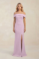 Sheath Off - the - Shoulder Satin Bridesmaid Dress With Slit in Lilac - KISS BRIDAL Bridesmaid Dresses